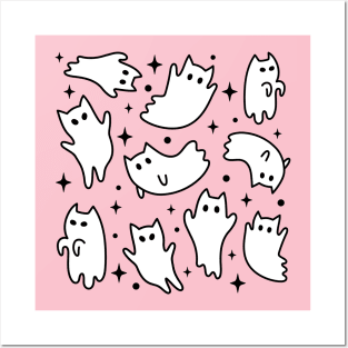 Cute Pastel Goth Kawaii Ghost Cats Pink Pattern Posters and Art